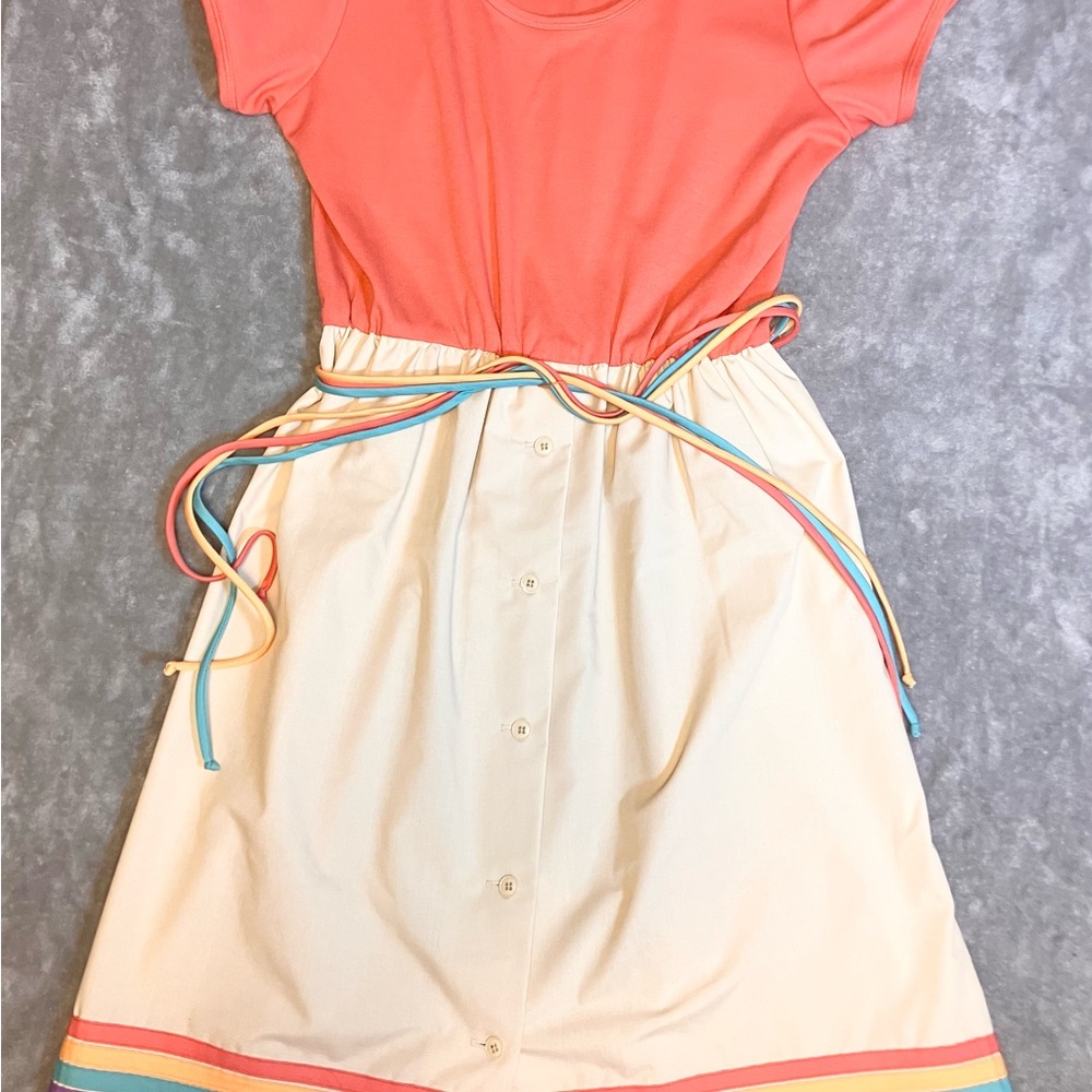 VNTG 70s 80s Rainbow A-Line Toni Todd Dress Cotton Coral Crème Retro S No Sz Tag